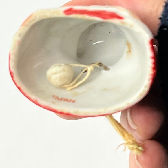 Vintage Japan Santa Bell Ornament Ceramic Red White “Seasons Greetings” 1.75" - Picture 6 of 9